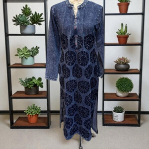 Sweetteens Chambray Embroidered Boho Chic Maxi Tunic Dress Side Slit Size Large